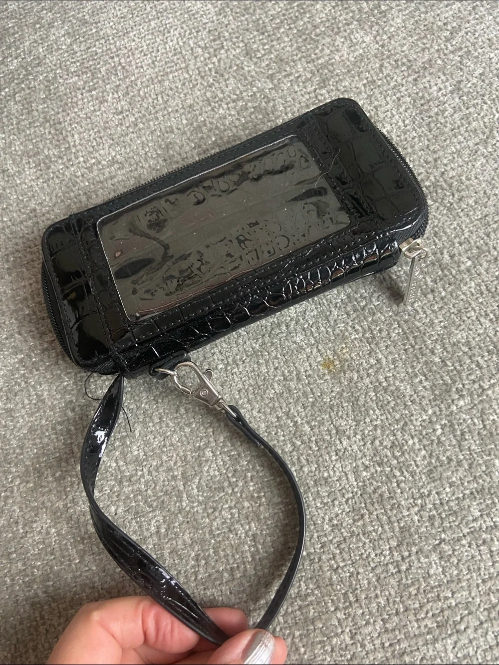 Patent Croc-Embossed Wristlet Phone Case with Wrist Strap - Black